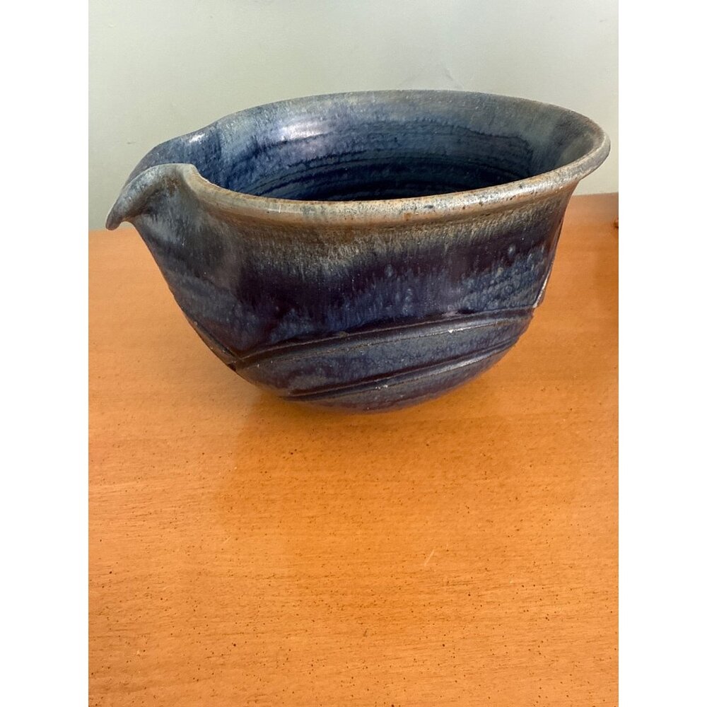Vintage 1982 Signed Blue Glazed Ceramic Mixing Bowl With Pour Spout Handcrafted